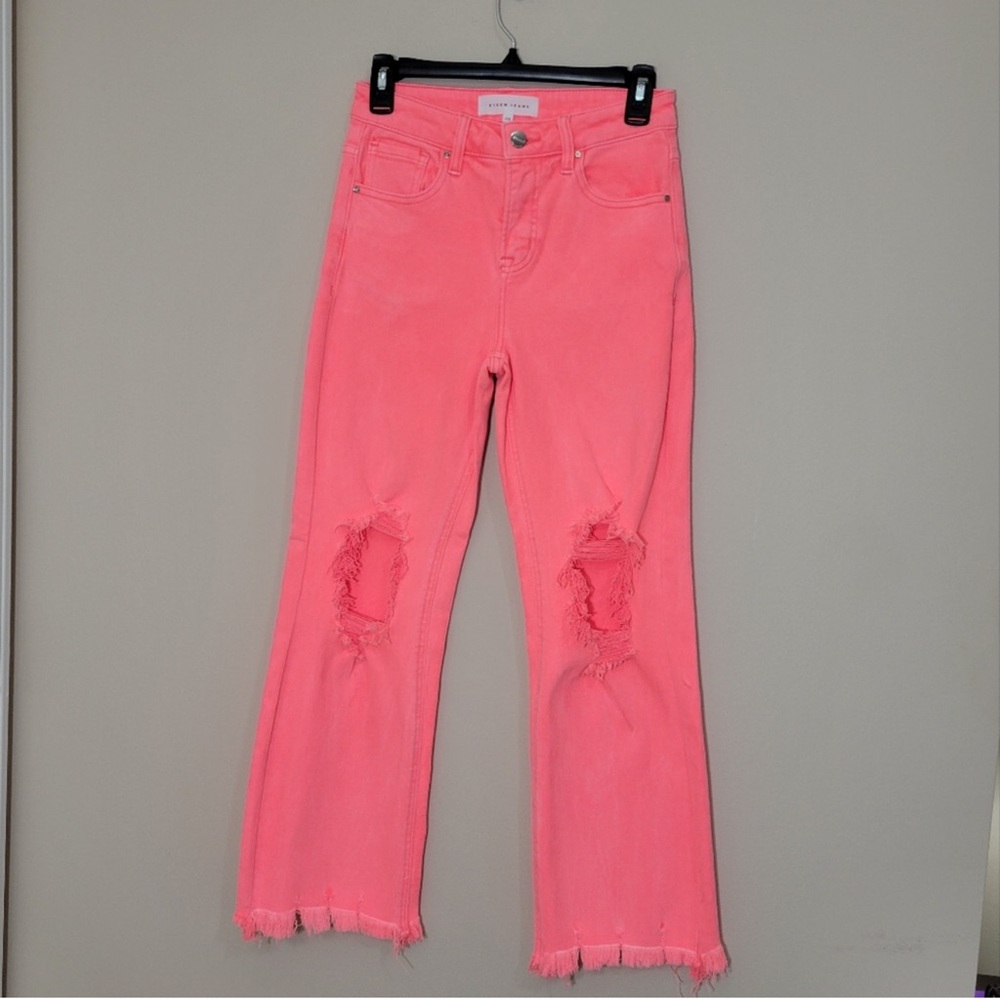 Risen High Rise Pink Coral Distressed Ankle Cropped Jeans Frayed Hem Size 26